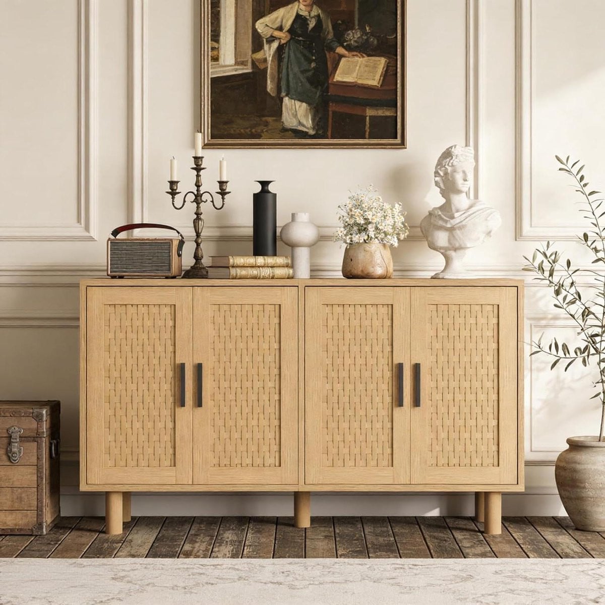 Eikenhouten Opbergkast met Rattan Details en Vier Deuren, Breedte: 140 cm