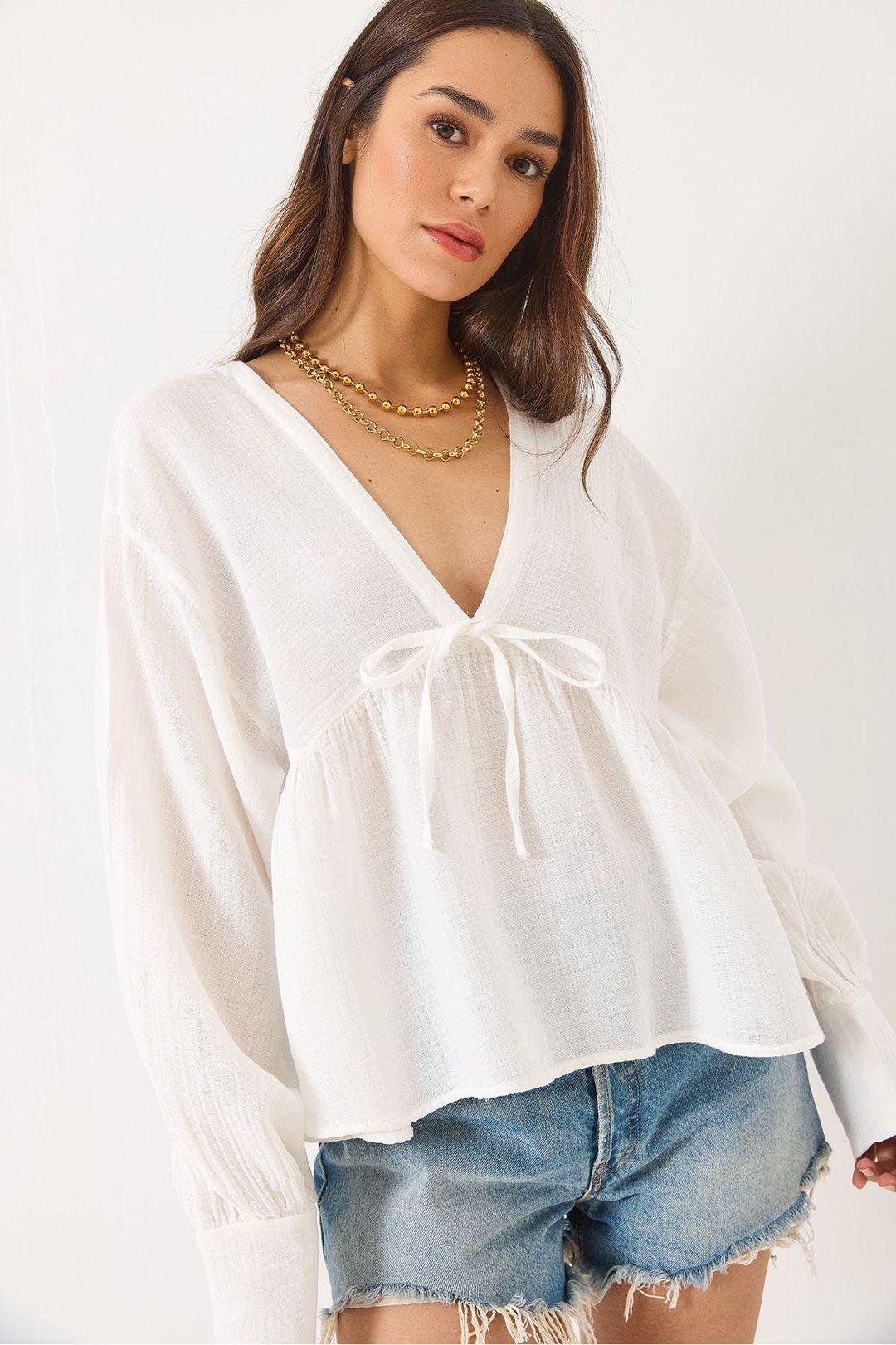 Textured V-hals Crop Blouse met Strik