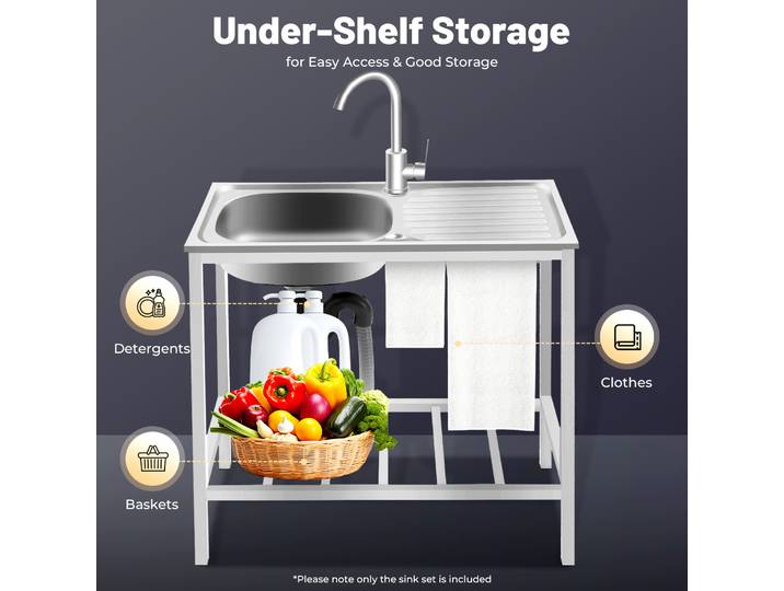 Évier en acier inoxydable avec rotation à 360° ° Évier utilitaire autoportant avec robinet rotatif et étagère de rangement pour cuisine, buanderie, bar, garage