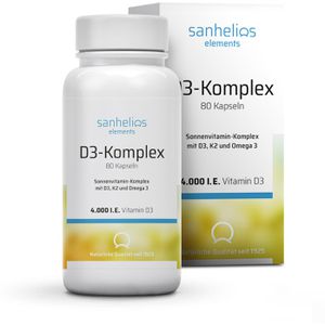 Sanhelios Vitamin-D Sonnenvitamin-Komplex, 80 Kapseln, Vitamin D3 + K2 MK7 + Omega 3, je Kapsel 4000 I.E.