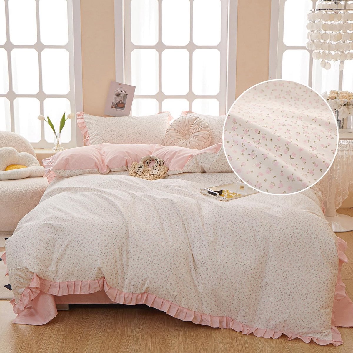 Omkeerbaar Kingsize Dekbedset met Ruches en Bloemen voor Volwassenen