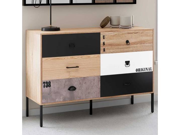 IDMARKET Commode 6 tiroirs SACRAMENTO 115 cm design industriel dépareillé