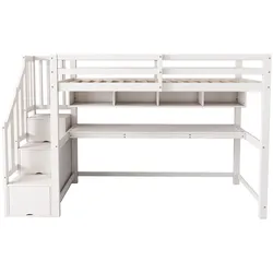 MODFU Kinderhochbett aus Massivholz und MDF, Weiß, 90x200 cm, gewerblich geeignet, mit Stauraumtreppe und Schreibtisch