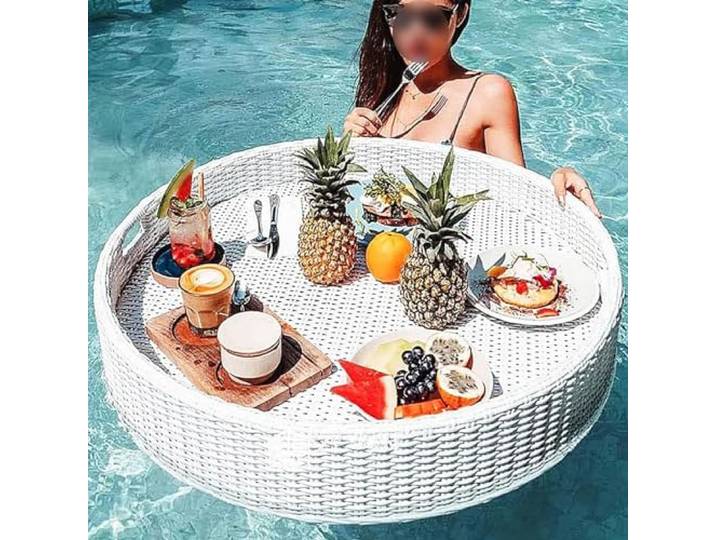 GALPBBCADE Schwimmendes Tablett für Pool Mode Runden Rattan Gewebtes Serviertablett Schwimmtablett für den Pool mit Griffen Servierbar Schwimm-Getränkehalter Salat Essen für Camping,A,60CM
