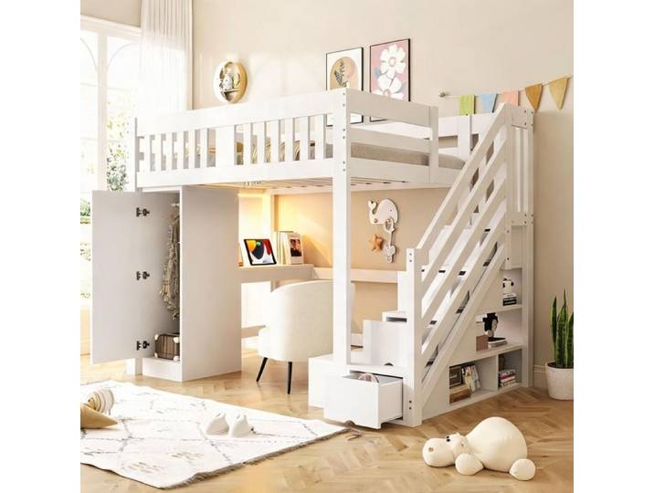 Lit mezzanine ado avec bureau penderie coffres et LED blanc classique 140x200 cm