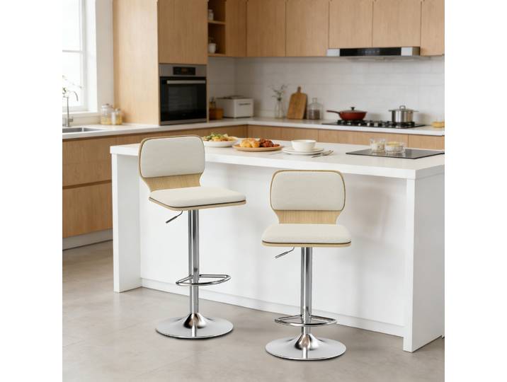 HOMCOM 2 Tabourets Hauts Cuisine Rotatifs Réglables Lin Beige