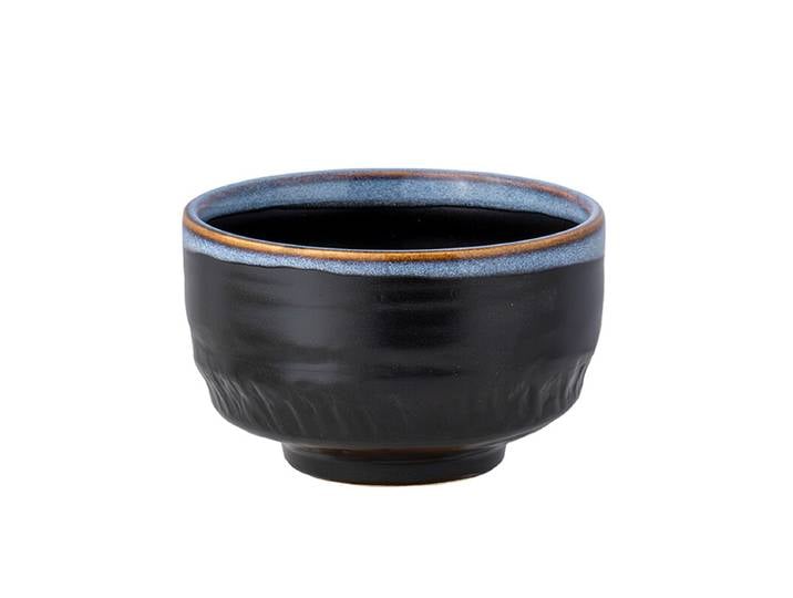 MINOYAKI, Bol à matcha japonais Chawan, Bol à thé en grès avec glaçure Tenmoku noire, Bord bleu émaillé au four avec bordure dorée, Texture manuelle, Lot de 1