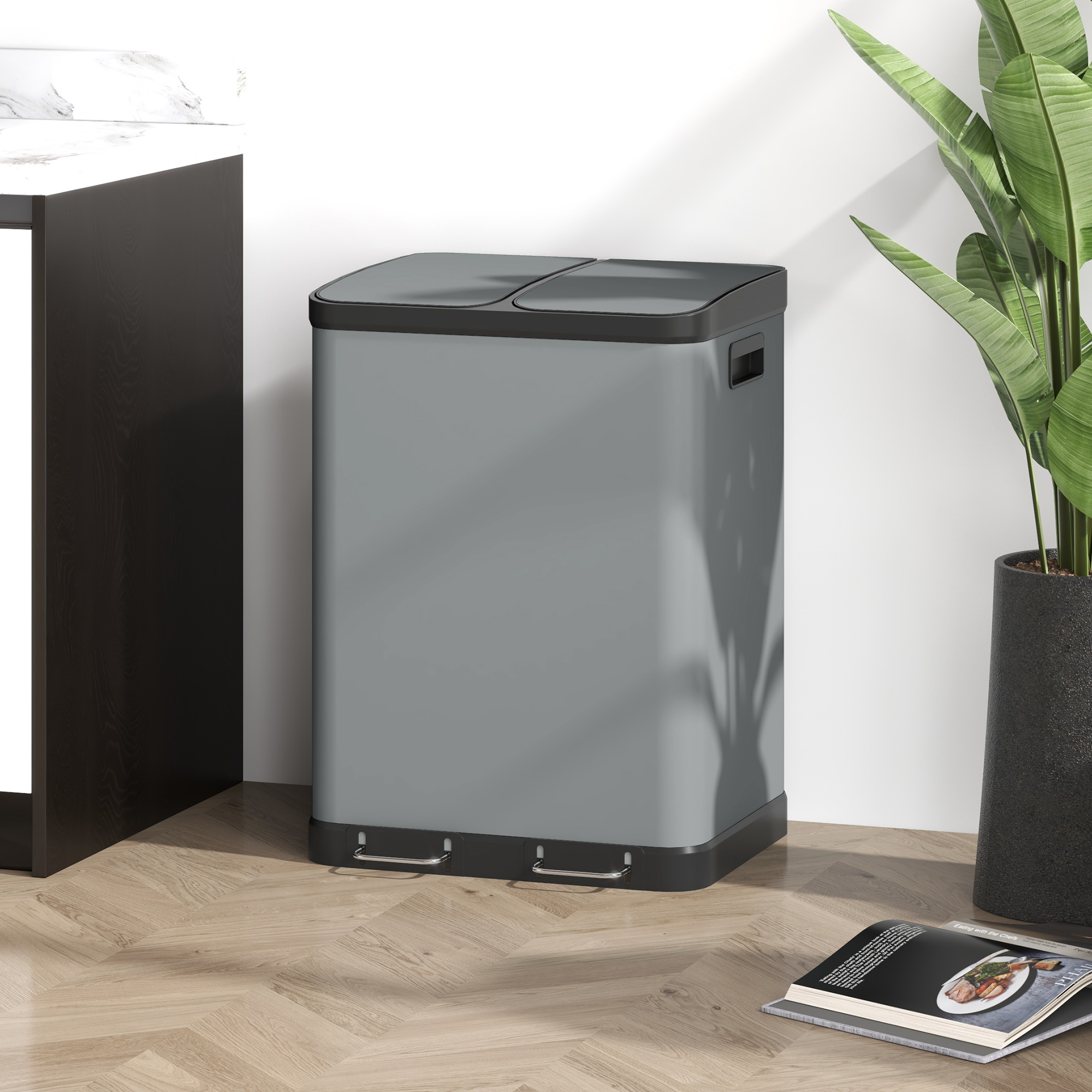 Homcom Pattumiera doppio scomparto 2x30 L con pedale e secchi estraibili, Grigio   Aosom Italy
