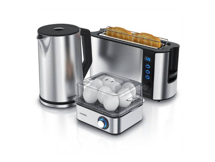 Arendo Frühstücks-Set Wasserkocher 1,5l / 2-Scheiben Toaster / Eierkocher, Edelstahl, Silber (3-tlg), BPA-frei, GS-geprüfte Sicherheit, perfekt fürs Familienfrühstück
