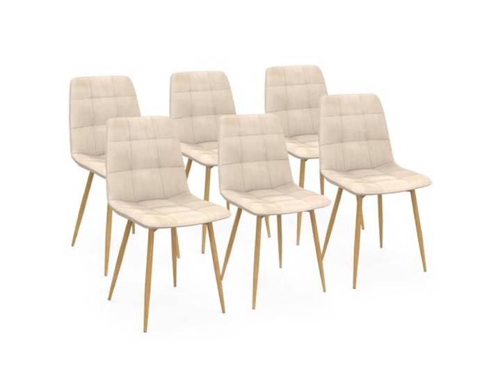 IDMarket - 6er-Set Esszimmerstühle Mila aus beigem Samt und Beinen in Holzoptik
