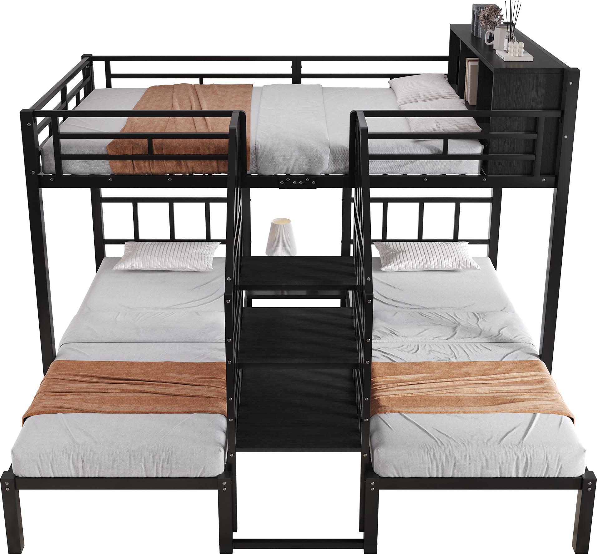 Etagenbett 90x200 cm und 140x200 cm in Schwarz, drei Schlafplätze, Treppe mit Handlauf, Stauraum, ohne Matratze