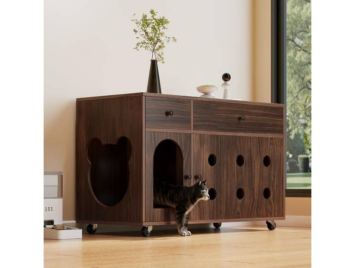 Armoire à litière pour chat (boîte à litière mobile) – Armoire pour chat/maison pour chat avec plaque de vidange de sable amovible, isolée par odeur, sans litière