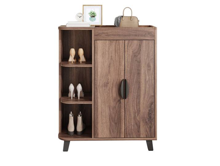 Flieks Schuhschrank schmal Holzoptik 2 Türen offene Fächer Ablage Flur, Walnussfarben, 80x99x32 cm, Garderobe, Schuhaufbewahrung, Schuhkipper