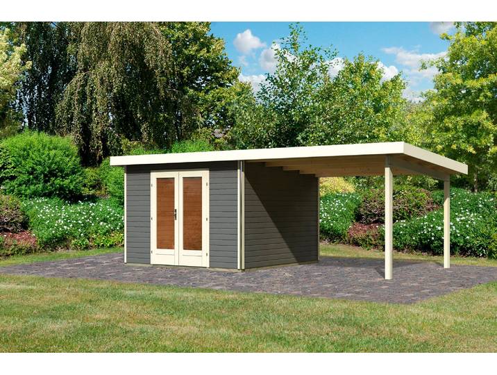 Gartenhaus KARIBU Rabensee 1 , grau (terragrau), Holzwerkstoff, Gartenhäuser, Gartenhaus, mit Anbaudach 3,30 m, terragrau