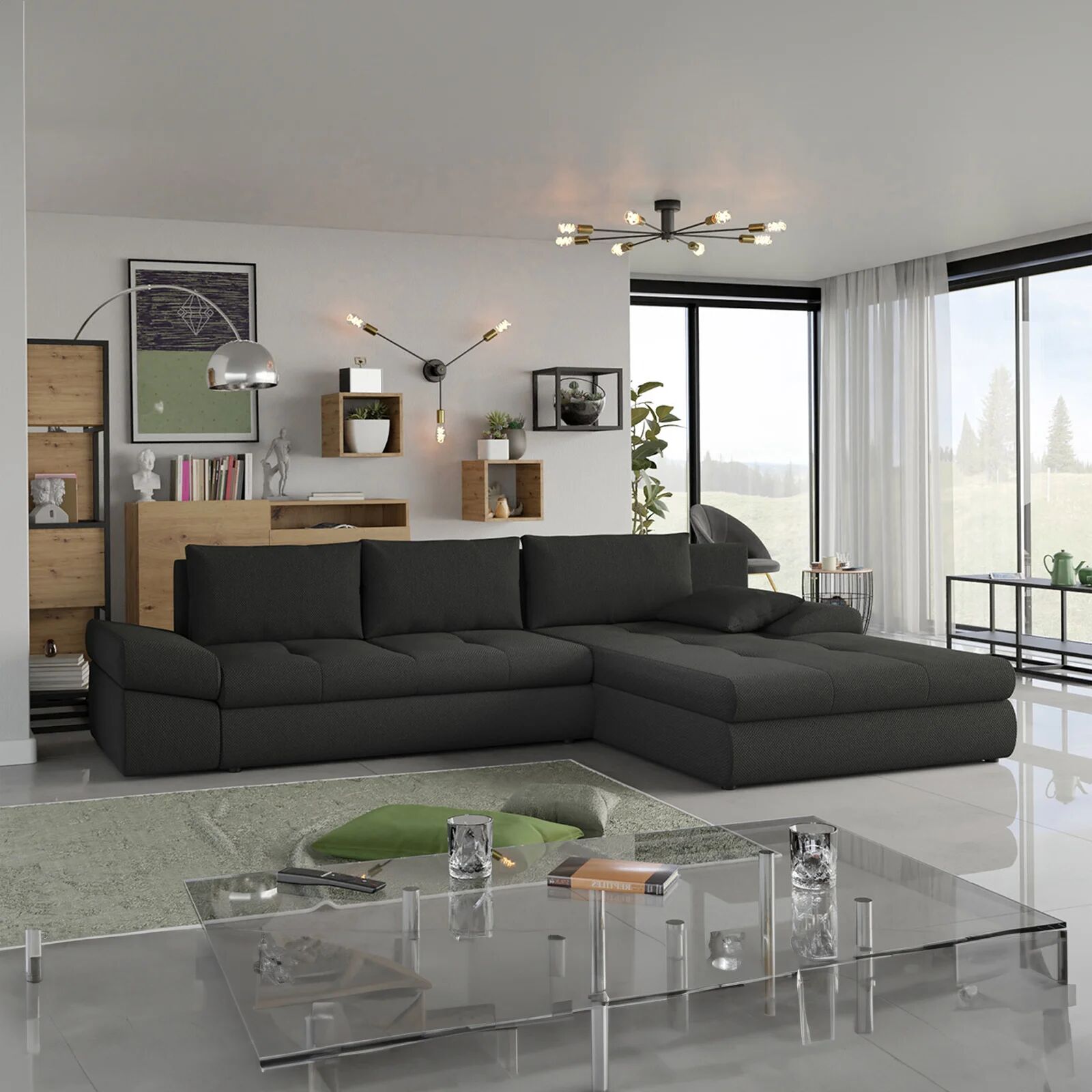 garneroarredamenti Divano letto angolare reversibile 313x215cm tessuto antracite Puffo