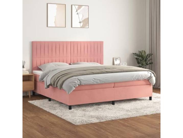 RJPLMFV Bett, Lattenrost, Matratze, Rosa, 200 x 200 cm, Velours Verstellbarer Kopf, Taschenfedern, mittlere Unterstützung, weicher Matratzenschoner