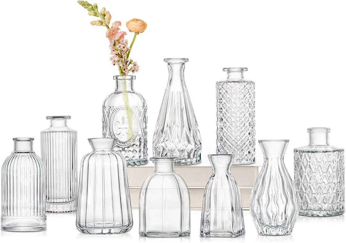 Set van 10 kleine glazen vaasjes voor bloemstukken en decoratie
