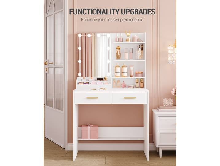 Table de maquillage avec éclairage LED, luminosité réglable, miroir, commode avec 2 tiroirs, 4 étagères, 2 compartiments