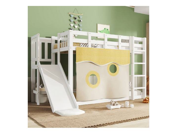 Odikalo Etagenbett Kinderbett Holzbett Treppe Zäune Bettvorhang Gitter Natur 90x200cm