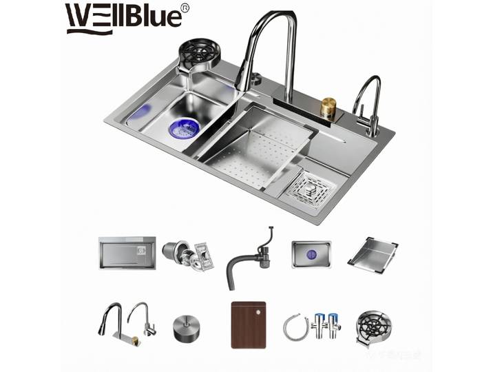 Évier de cuisine WEllBlue Nano en acier inoxydable 304, grand bac unique avec cascade, évier de travail à encastrer sous plan avec drain