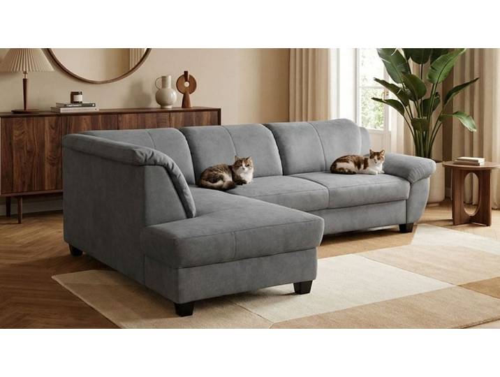 Ecksofa GOODPRODUCT Sillkeborg 254 x 186 cm, formschönes Sofa mit dunklen Füssen , grau (hellgrau), B:254cm H:80cm T:186cm, 100% Polyester, Sofas, Ecksofa, aus haustierfreundlichem Pet Friendly Bezug