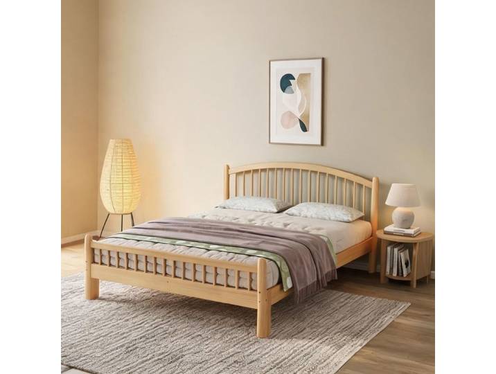 Lit une personne 140x200 cm bois naturel finition beige cadre massif et sommier à lattes intégré