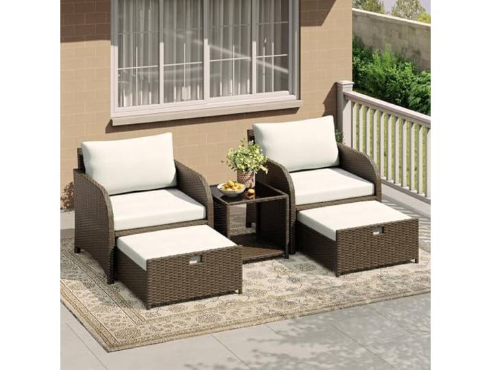 GarveeMore Rattan Gartenmöbel Set 5 Teilig, Lounge Möbel Outdoor Balkon Bequemen Polstern, Ottomans,Gehärtetem Glas Couchtisch, Garten,Veranda,Terrasse,Wetterfestes ,Terrassenmöbel