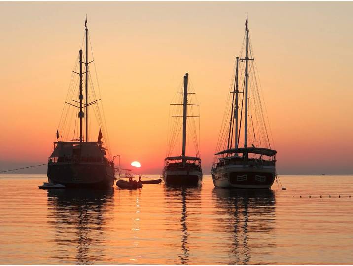 Fototapete PAPERMOON SCHIFFE-SONNENAUFGANG WALD WALD MEER STRAND BOOTE SEE , bunt, B:4m L:2,6m, Vlies, Tapeten, Fototapete