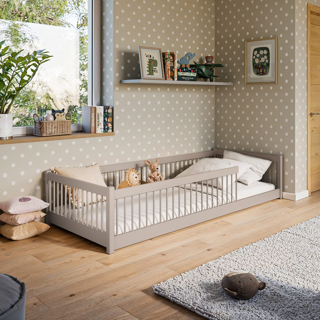 Harriet Bee Montessori Wooden Single Bed Pedro EU Single – Floor-Hugging Pine, Secure Spindle Frame & Slat Kit Cashmere
