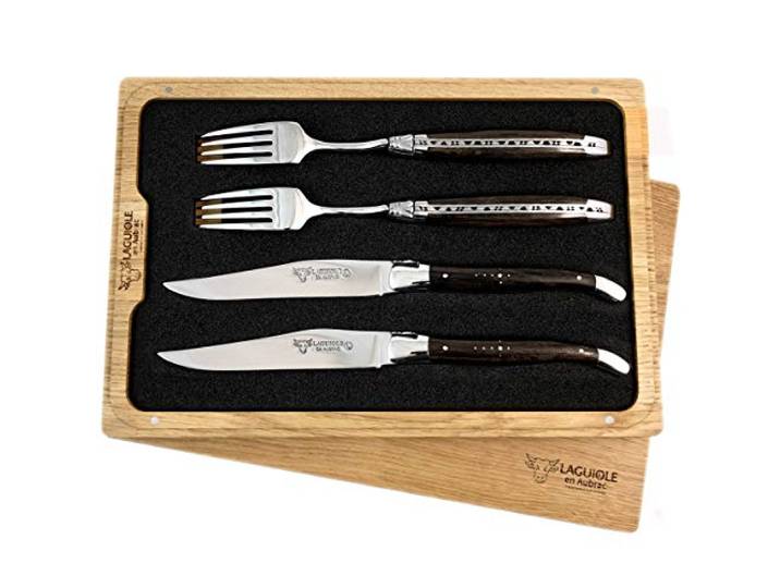 LAGUIOLE en Aubrac Premium Steakbesteck geschmiedet Set 2 Steakmesser und 2 Steakgabeln fossile Mooreiche
