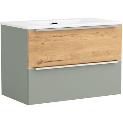 Waschtisch WELLTIME "TRIENT, Softclose-Auszüge, Keramikbecken", grün (schilfgrün, wildeiche, schilfgrün), B:80cm H:54cm T:47cm, Waschtische, Waschtisch, schilfgrün/wildeiche, Keramikbecken