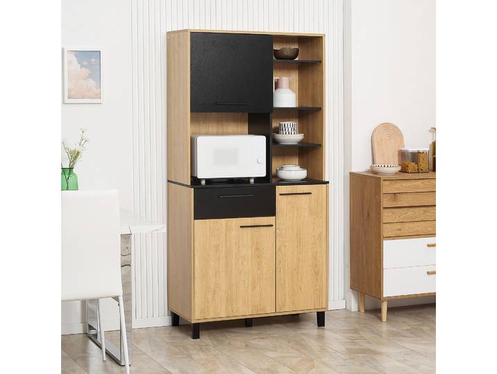 HOMCOM Armoire Cuisine Noir/Bois 180cm Multi-Rangement