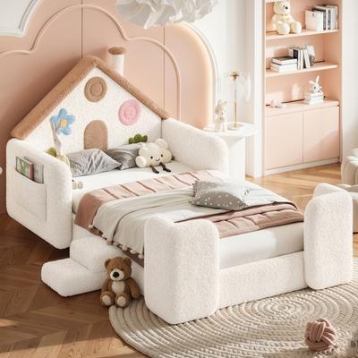 Teddy Upholstered House Shaped Kids Floor bed with Safety Side Rails