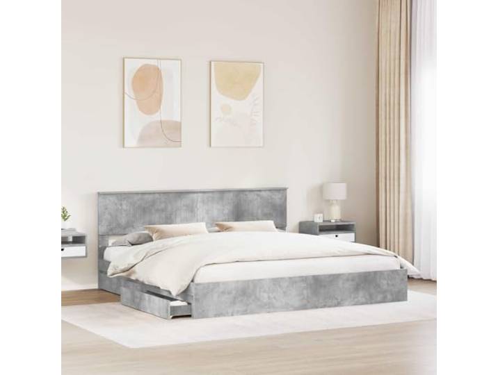 KTHLBRH Boxspringbett grau Beton 200 x 200 cm mit Kopfteil Technisches Holz, integrierte Schubladen, Latten im Lieferumfang enthalten, einfache Montage