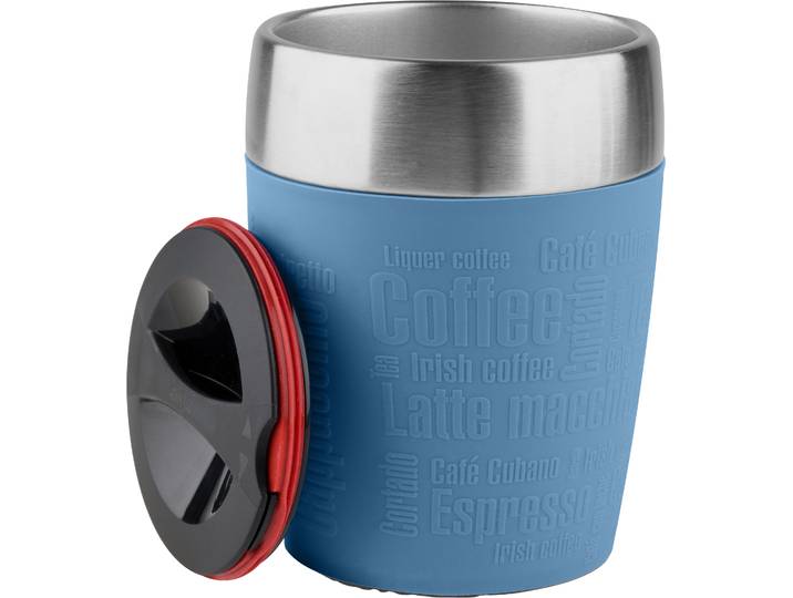 Thermobecher EMSA Travel Cup , blau, B:8,7cm H:11,2cm, Edelstahl, Silikon, Trinkgefäße, Thermobecher, 0,2 Liter, Edelstahl, Trink- und Eisbecher, gummierte Manschette
