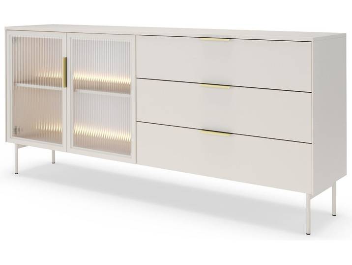 Selsey Lumi - Sideboard 2-türig mit Glasfronten, 3 Schubladen und LED, Kaschmirgrau, 181 cm