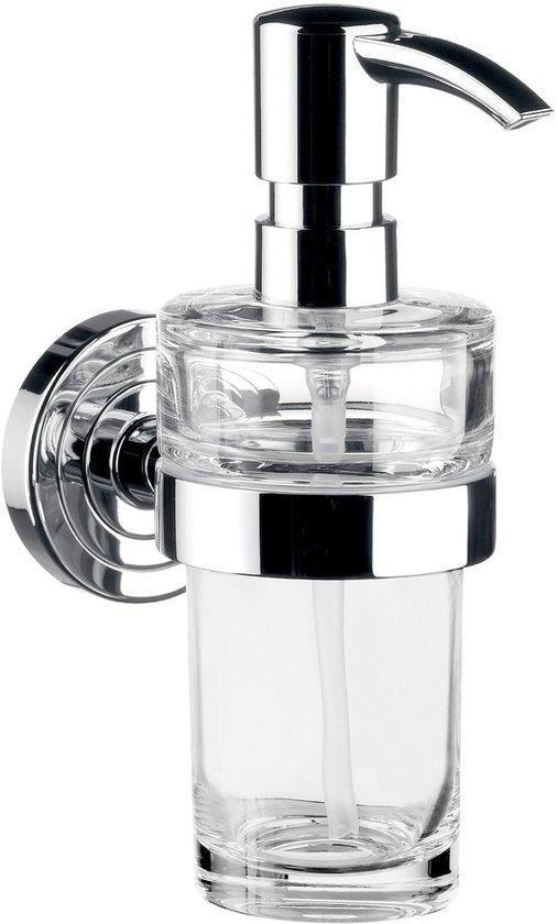 Unyqoos Wandzeepdispenser van kristalglas en metaal, verchroomd, met pompkop voor de badkamer