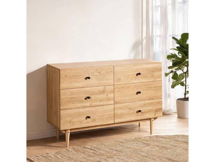 Commode contemporaine 6 tiroirs structure panneaux de particules piètement bois massif 120 x 40 x 80 cm