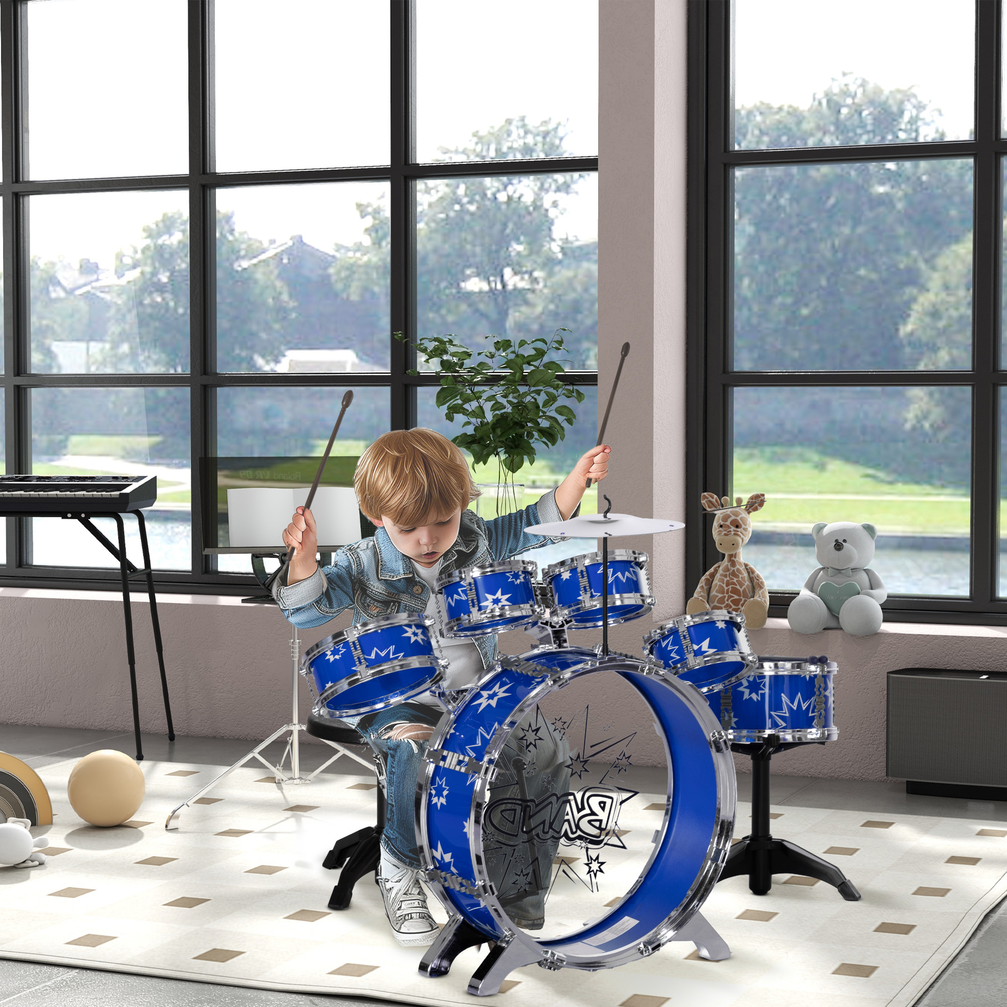 Aiyaplay Set Batteria per Bambini con Grancassa con Pedale, Tamburi, Piatto e Sgabello, Età 3-6 Anni, Blu