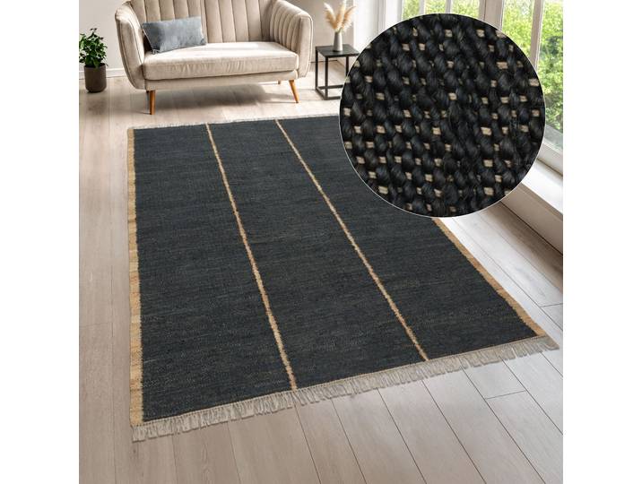 Teppich Lenia, handgewebt, Jute , schwarz, B:80cm H:10mm L:150cm, Jute, LEGER HOME BY LENA GERCKE, Teppiche, Teppich, mit Fransen, Teppich, Wohnzimmer, Schlafzimmer, Esszimmer