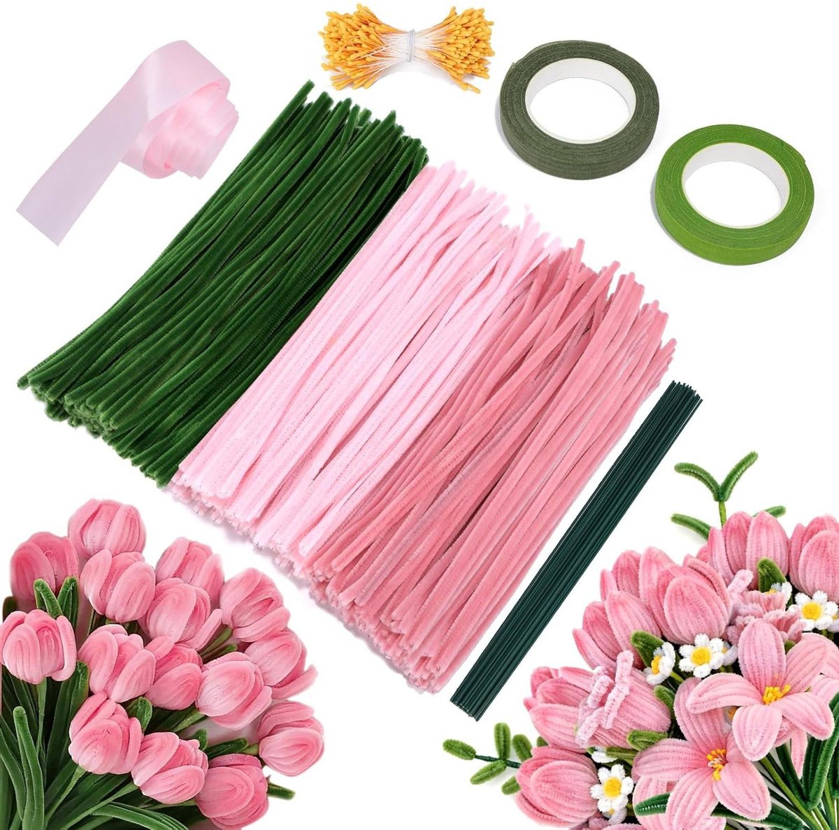 Knutselset Bloemen Maken met Chenilledraad en Tape - Veelkleurig - 30 cm