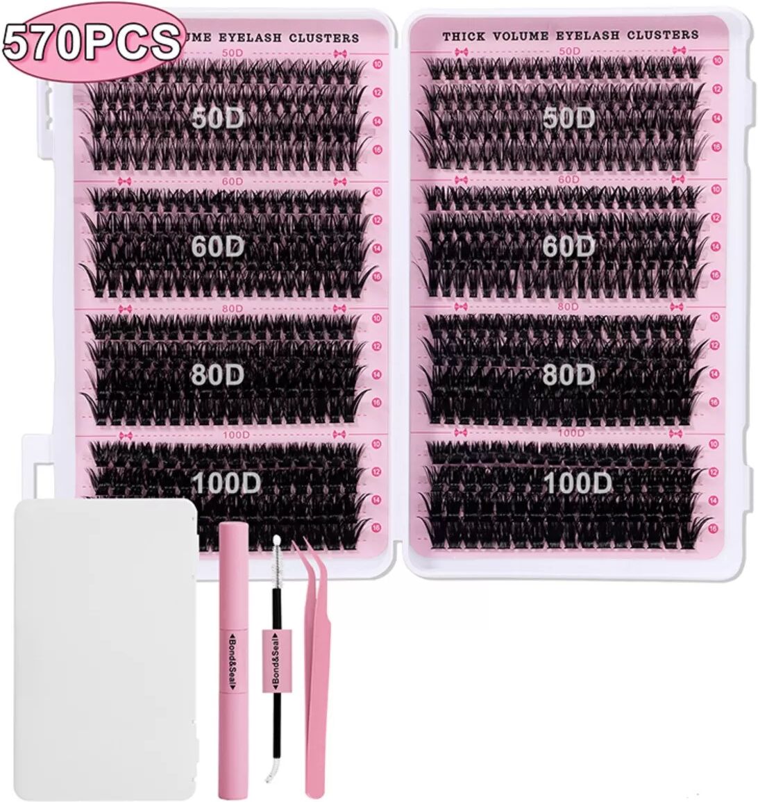 INF Kit de 570 Faux Cils DIY : Extensions de Cils en Touffes, Ensemble de Cils Volume avec Colle et Outils