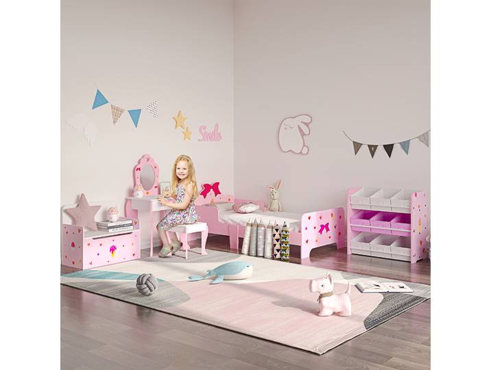 ZONEKIZ Meuble Rangement Bois 9 Paniers Amovibles Rose Blanc
