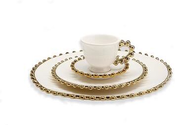 Classic Touch 4 Piece White Dinner Set Gold Beaded Border