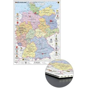 Stiefel Deutschlandkarte Lernkarte mit Wappen, rahmenlos, Pinnwand aus Wabenplatten, politische Karte, 56 x 76 cm