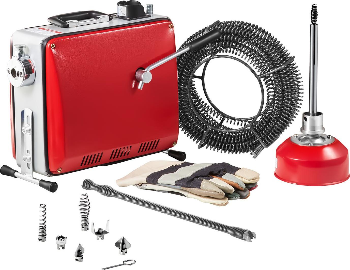 Elektrische Rohrreinigungsmaschine - Abflussreiniger - 400 W - 1400 U/min - 20 m x 16 mm + 5 m x 9,5 mm Spiralen - 0,4 m x 12 mm Feder - 6 Schneidköpfe - Für Rohre Ø 50-110 mm
