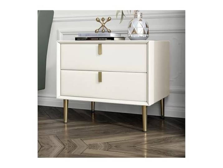 xiuling4568 Nachttisch aus Holz mit goldenen Tischbeinen, Nachttisch mit 2 Schubladen aus weißem Kunstleder, Nachttische for Schlafzimmer-Wohnzimmermöbel(L45xD40xH48cm)