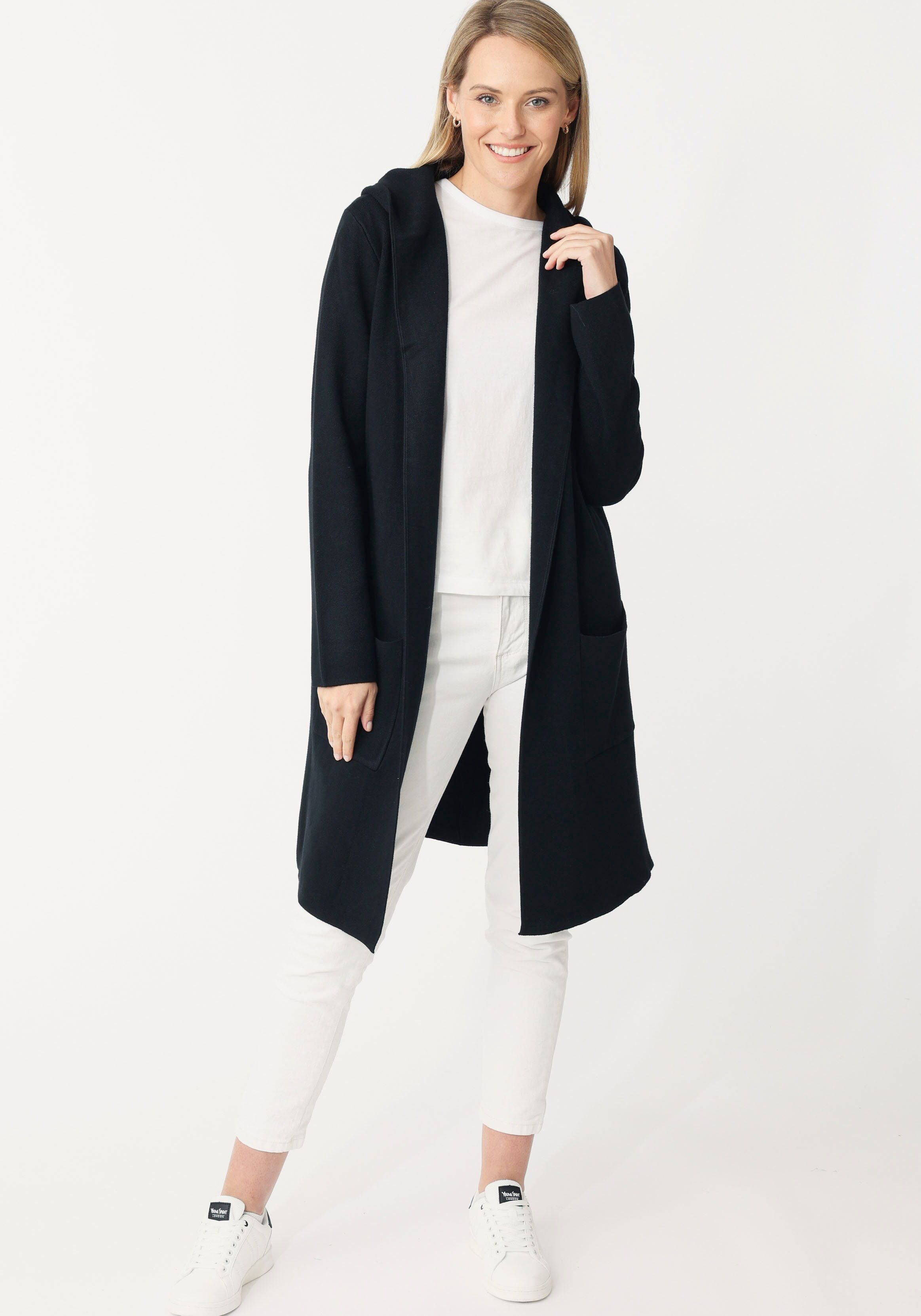 Cardigan ZWILLINGSHERZ, Damen, Gr. L/XL, schwarz, Sweatware, Obermaterial: 50% Viskose, 27% Polyester, 23% Polyamid, normal knielang, ohne Ausschnitt, Strickjacken Cardigan, Kapuze, Taschen, Langarm, ohne Verschluss schwarz L/XL