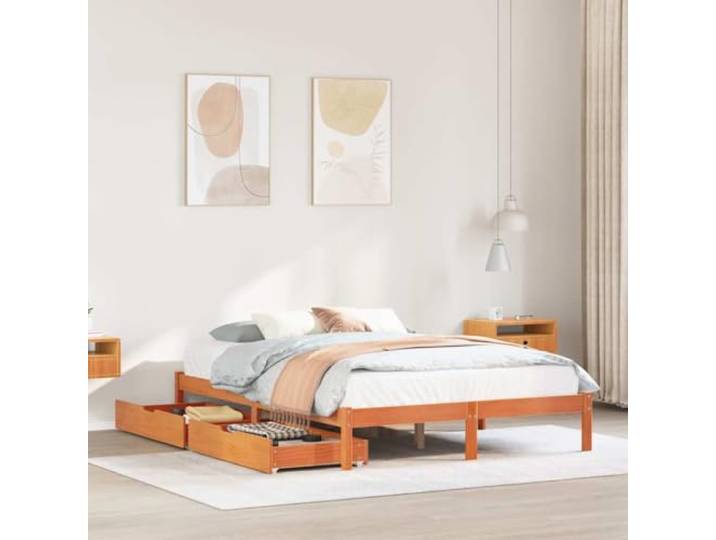 RJPLMFV Bettgestell aus massivem Kiefernholz, Braun, 150 x 200 cm, mit Schubladen