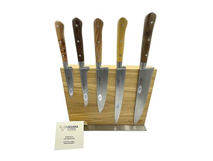 Laguiole en Aubrac - Messerblock aus Eiche - magnetisch - Kochmesser Set 5-teilig - Griff gemischte Hölzer - Geschmiedete Qualität